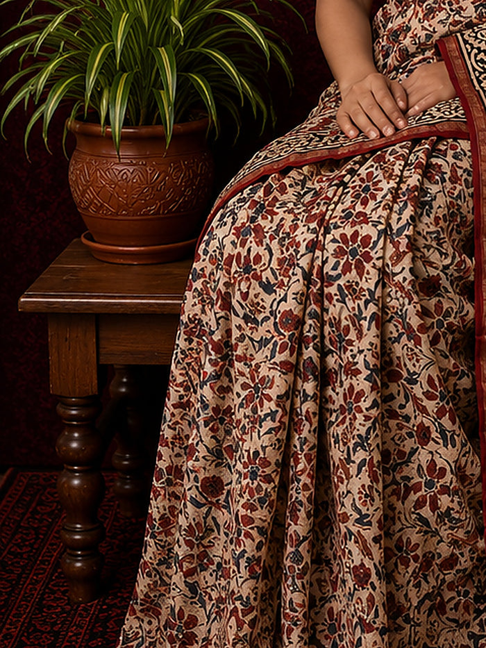 Indiehaat | Beige Chanderi Silk Kalamkari Saree