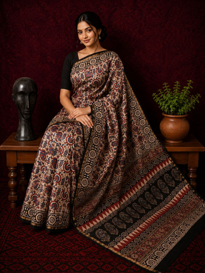 Indiehaat | Beige Chanderi Silk Kalamkari Saree