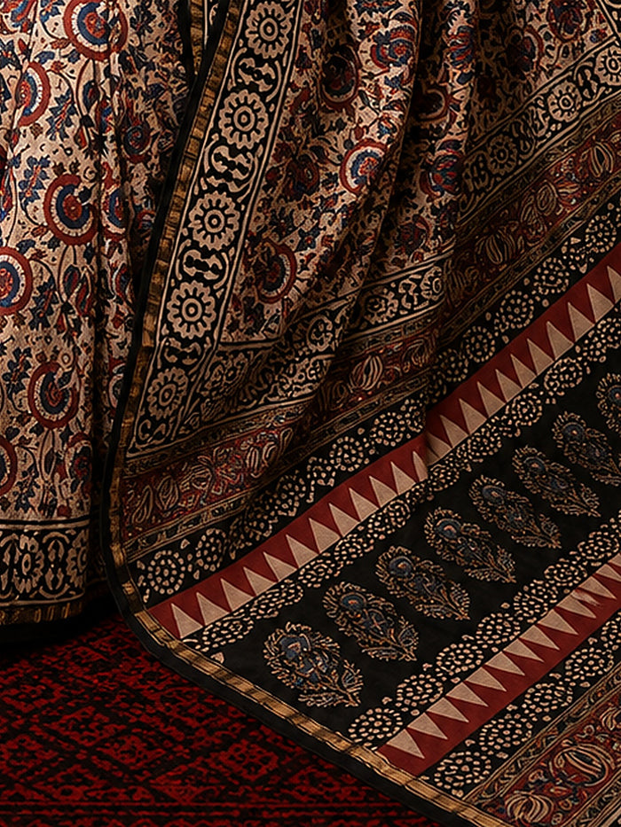 Indiehaat | Beige Chanderi Silk Kalamkari Saree