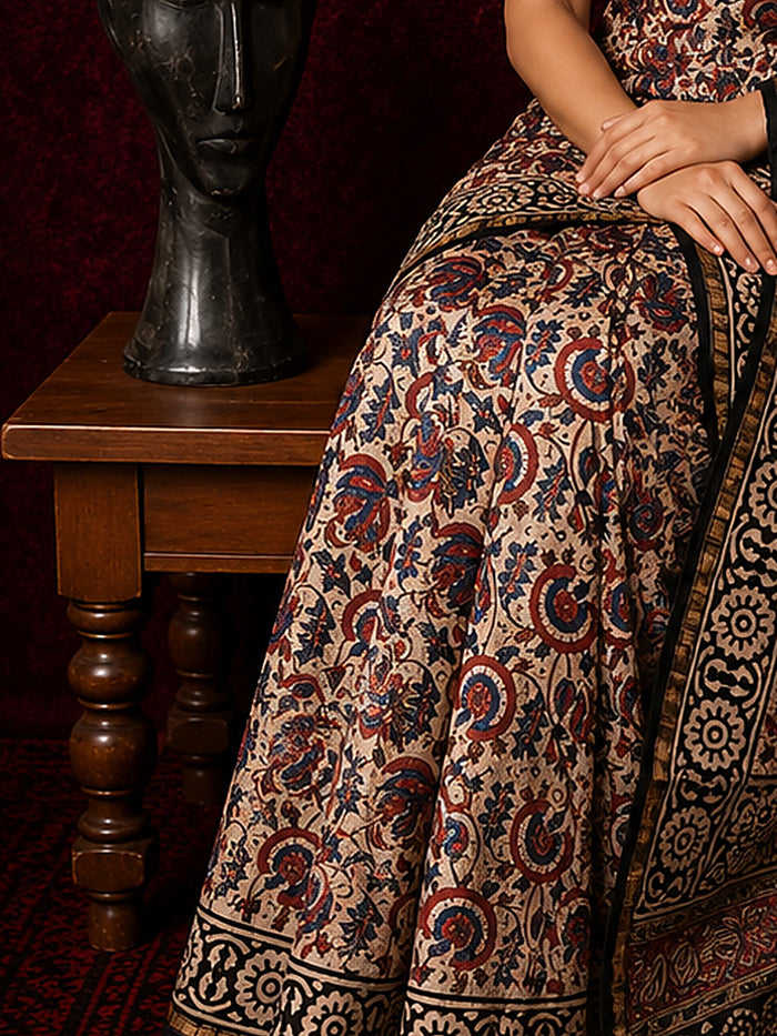 Indiehaat | Beige Chanderi Silk Kalamkari Saree