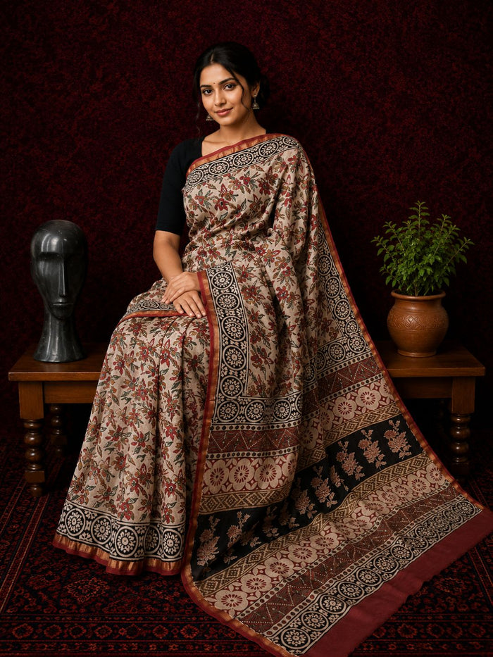 Indiehaat | Beige Chanderi Silk Kalamkari Saree