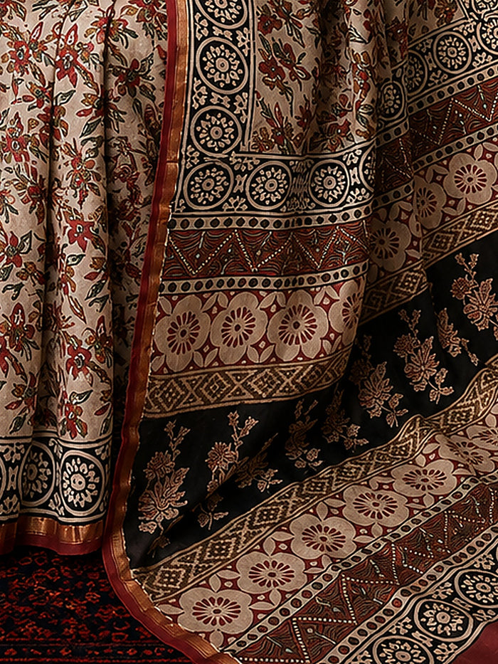 Indiehaat | Beige Chanderi Silk Kalamkari Saree