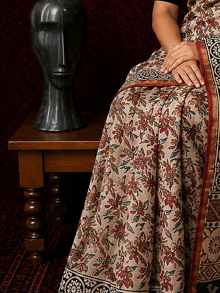Indiehaat | Beige Chanderi Silk Kalamkari Saree