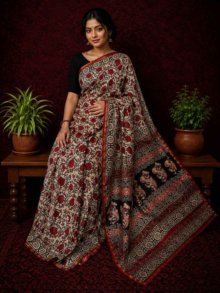 Indiehaat | Beige Chanderi Silk Kalamkari Saree