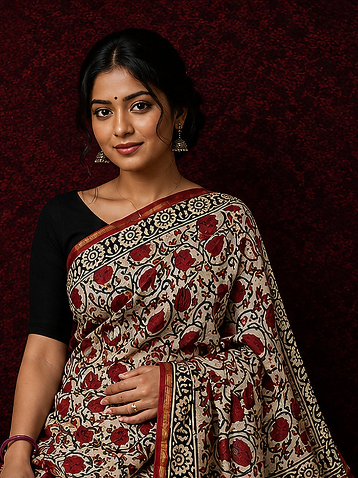 Indiehaat | Beige Chanderi Silk Kalamkari Saree