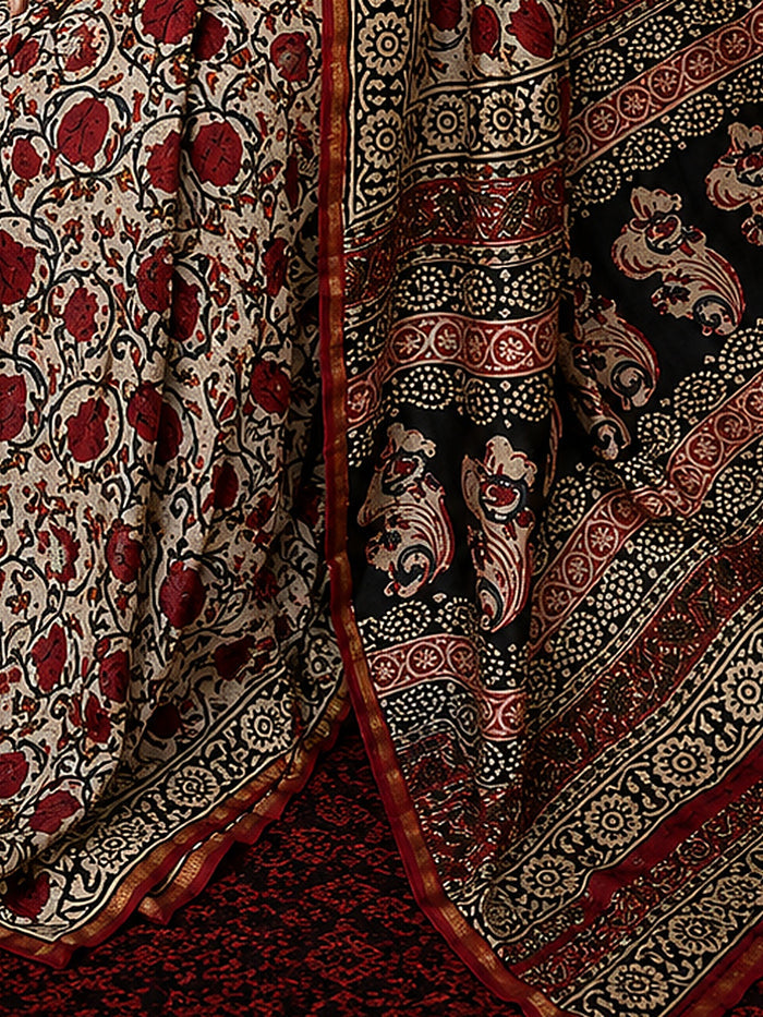 Indiehaat | Beige Chanderi Silk Kalamkari Saree