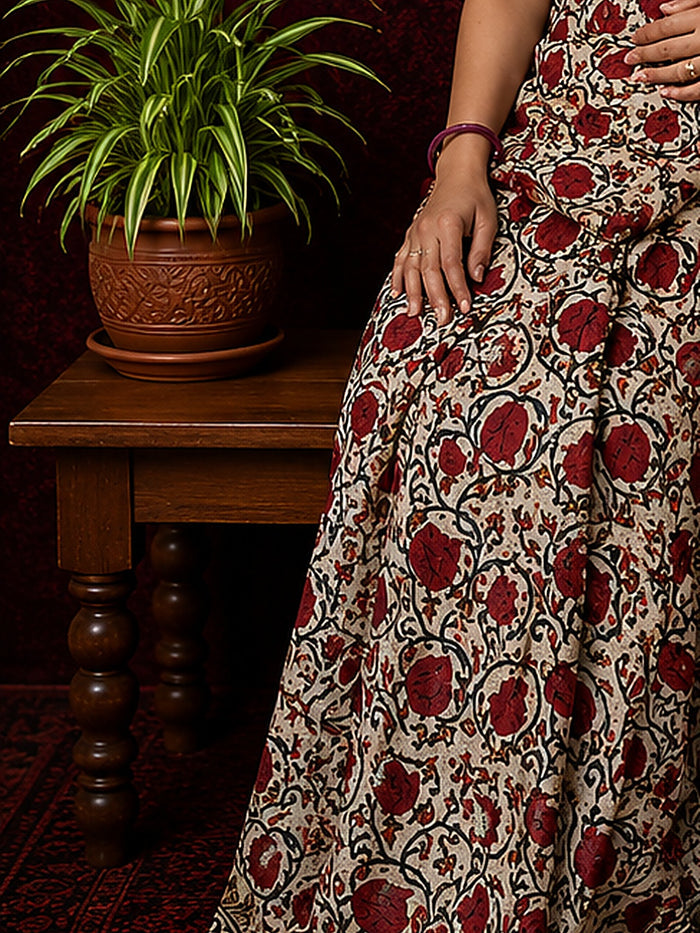 Indiehaat | Beige Chanderi Silk Kalamkari Saree