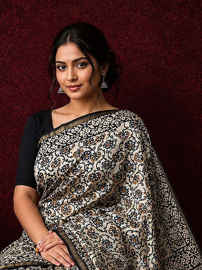 Indiehaat | Beige Chanderi Silk Kalamkari Saree