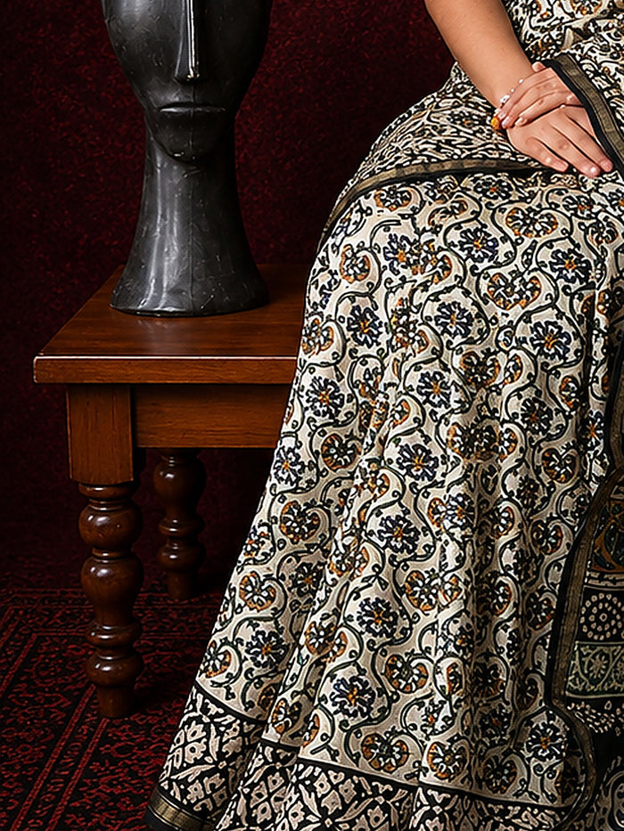 Indiehaat | Beige Chanderi Silk Kalamkari Saree