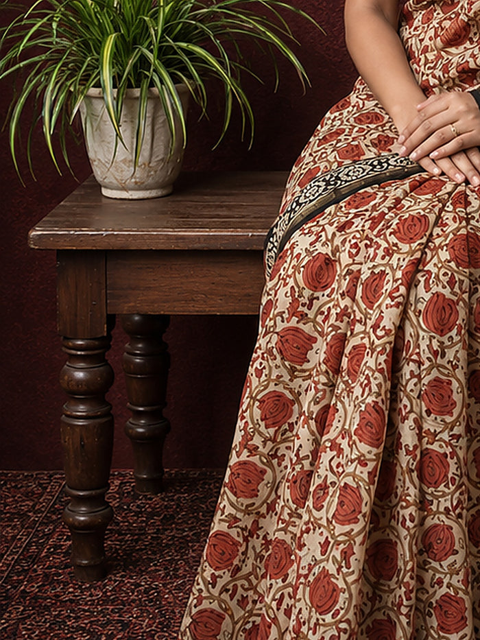 Indiehaat | Beige Chanderi Silk Kalamkari Saree