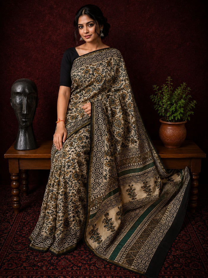 Indiehaat | Beige Chanderi Silk Kalamkari Saree