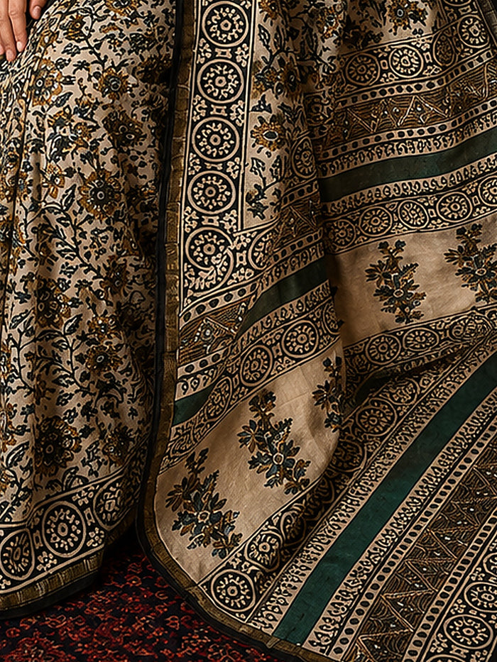 Indiehaat | Beige Chanderi Silk Kalamkari Saree