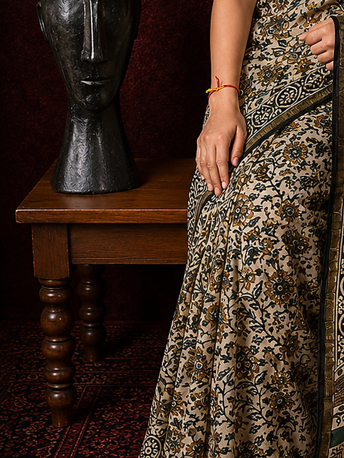 Indiehaat | Beige Chanderi Silk Kalamkari Saree