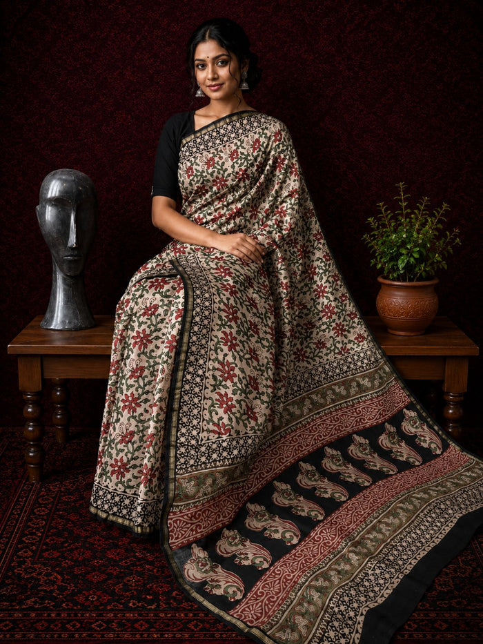 Indiehaat | Beige Chanderi Silk Kalamkari Saree