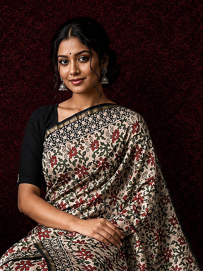 Indiehaat | Beige Chanderi Silk Kalamkari Saree