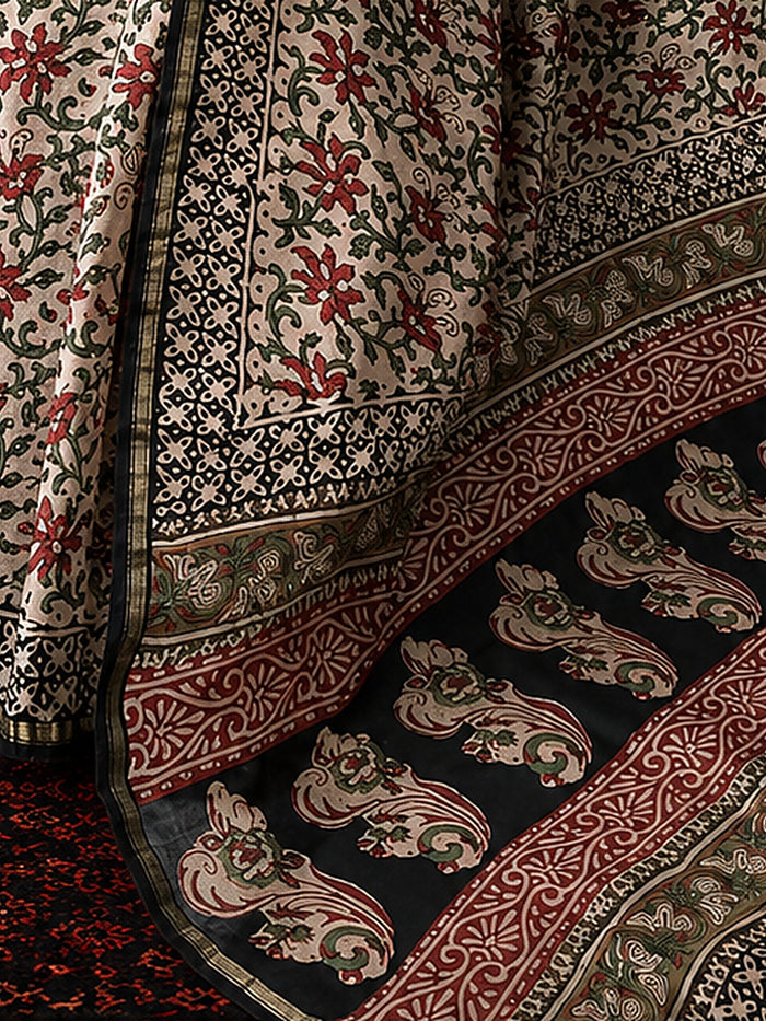 Indiehaat | Beige Chanderi Silk Kalamkari Saree
