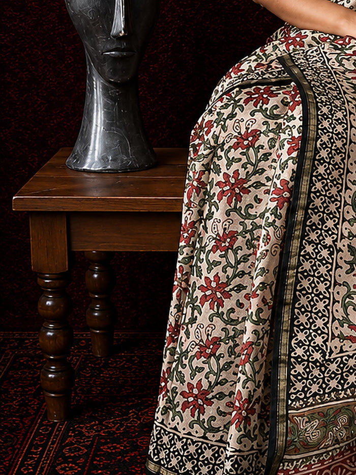 Indiehaat | Beige Chanderi Silk Kalamkari Saree