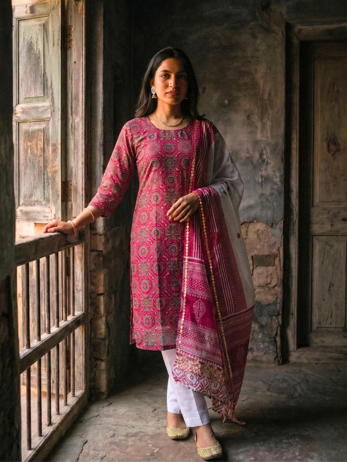 Indiehaat | Kota Doria Hand Block Print Stitched Suit Pink