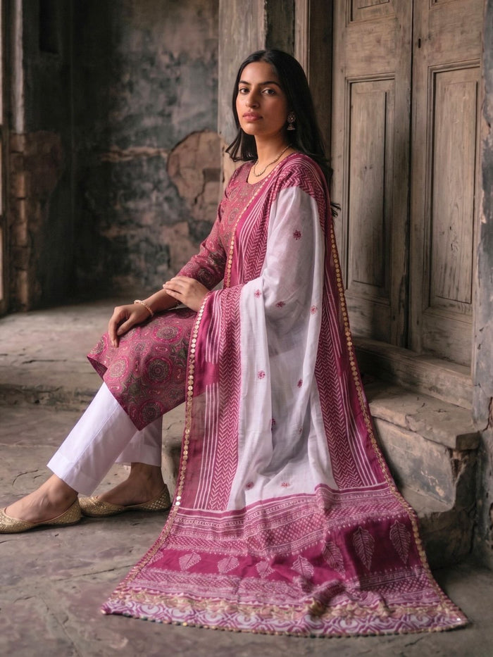 Indiehaat | Kota Doria Hand Block Print Stitched Suit Pink