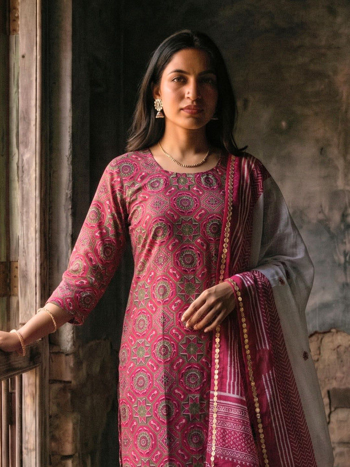 Indiehaat | Kota Doria Hand Block Print Stitched Suit Pink