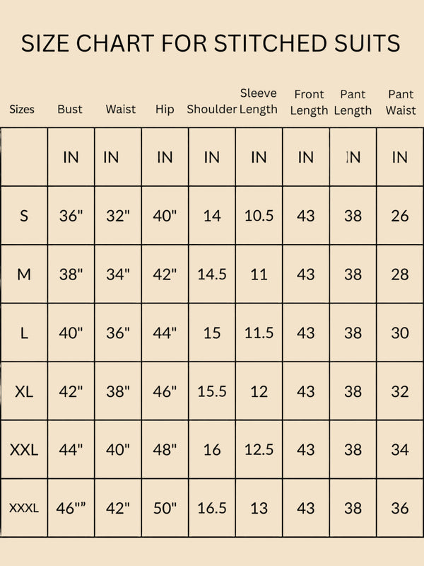 Size chart for IndieHaat products - Women's Kurti