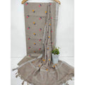 Handcrafted Katan Silk Gray Suit Piece with Bottom and Dupatta-Indiehaat