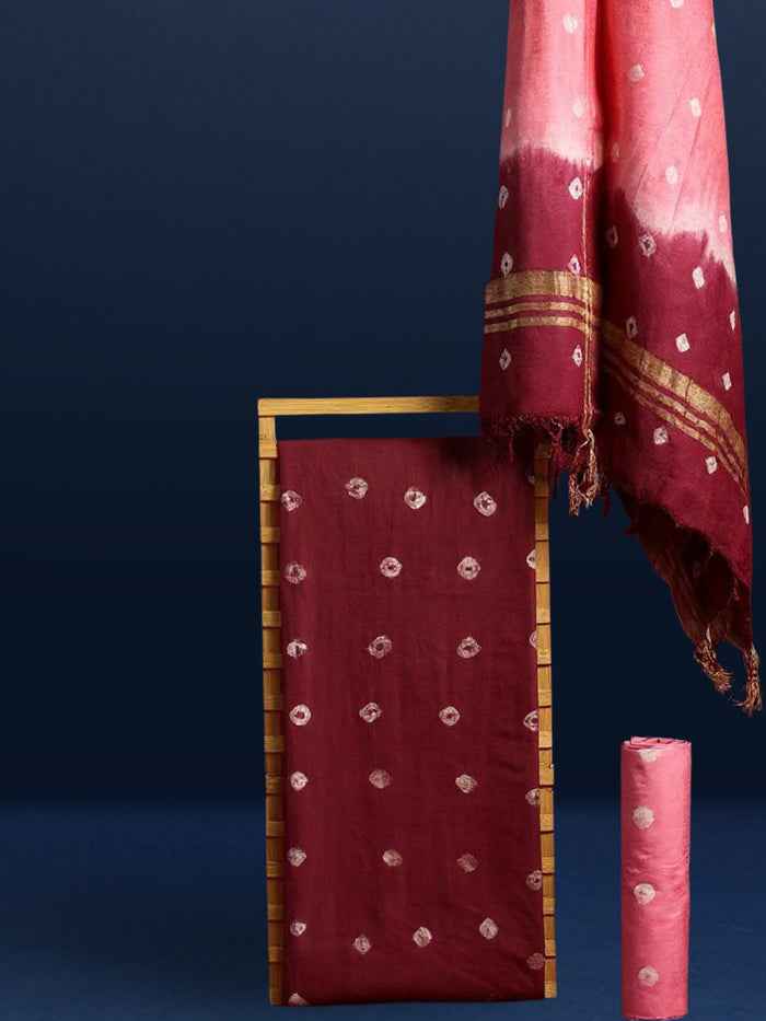 katan silk maroon pink bandhani ombre suit (T+B+D)