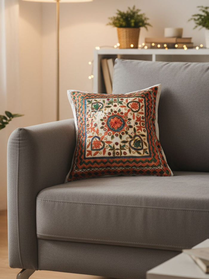 Indiehaat | Pure Cotton Multicolor Embroidered Cushion Cover