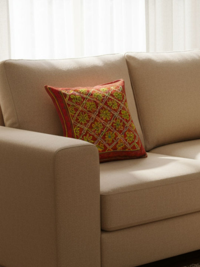 Indiehaat | Pure Cotton Multicolor Embroidered Cushion Cover