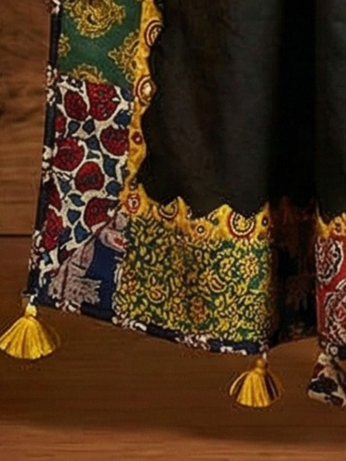 Indiehaat | Applique Kantha Pure Mul Cotton Dupatta Black
