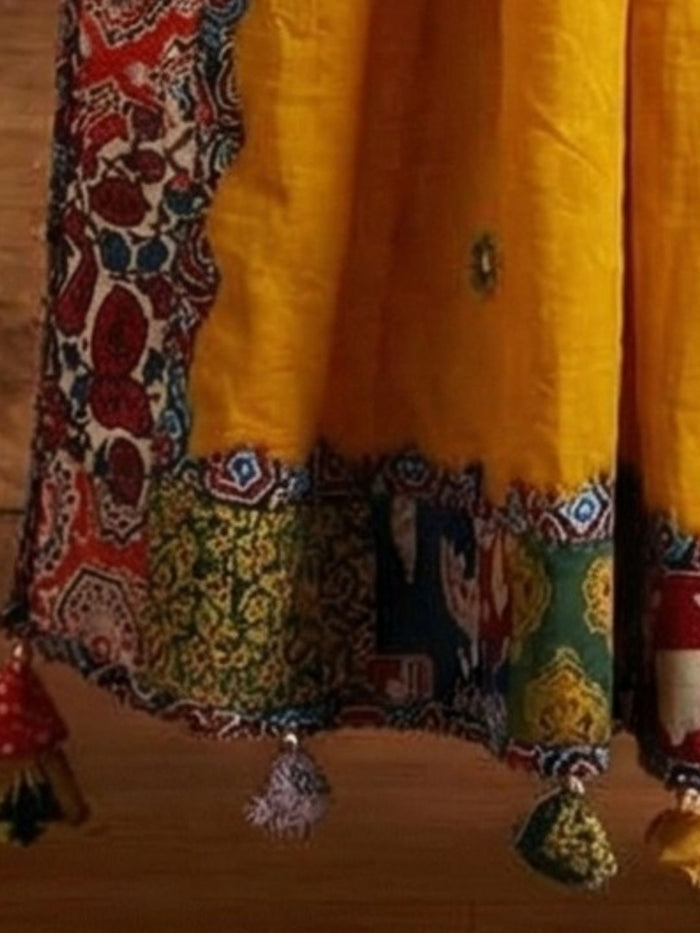 Indiehaat | Applique Kantha Pure Mul Cotton Dupatta Yellow