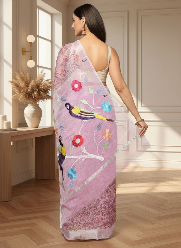 Kota Doria Paithani Embroidery Designer Saree Lavender