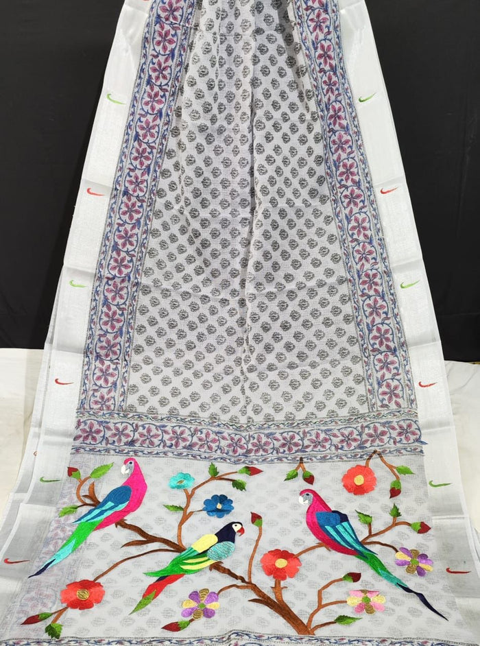 Kota Doria Paithani Embroidery Designer Saree Platinum White Colour with running blouse-Indiehaat