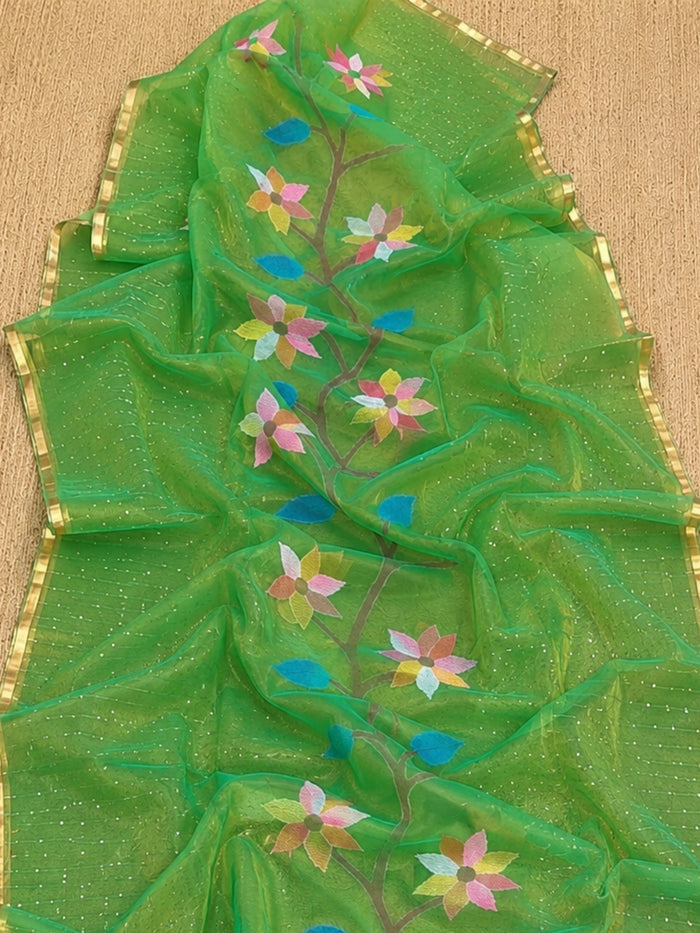 Indiehaat | Green Muslin Silk Jamdani Saree
