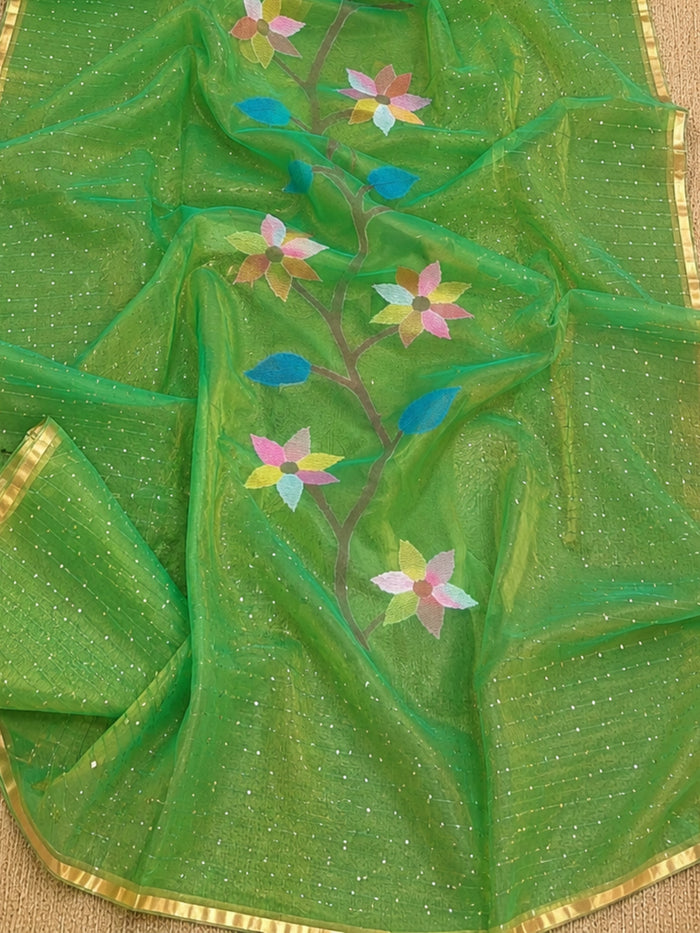 Indiehaat | Green Muslin Silk Jamdani Saree