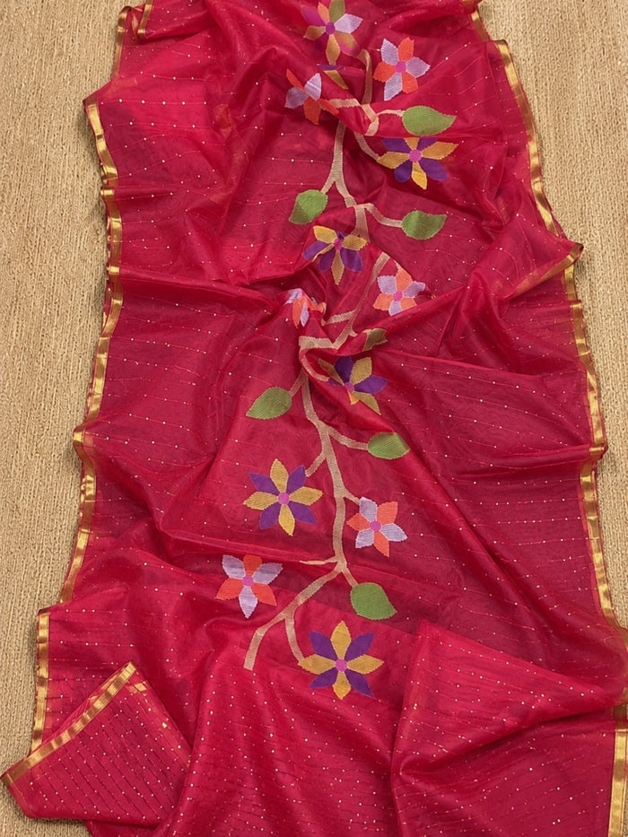 Indiehaat | Pink Muslin Silk Jamdani Saree