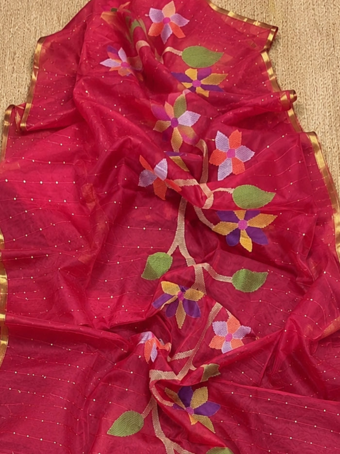 Indiehaat | Pink Muslin Silk Jamdani Saree