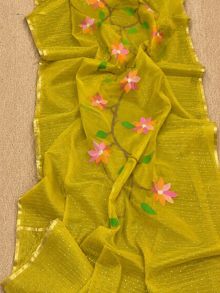 Indiehaat | Yellow Muslin Silk Jamdani Saree