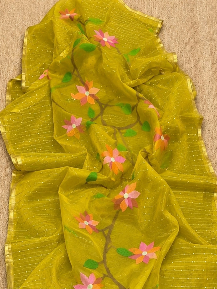 Indiehaat | Yellow Muslin Silk Jamdani Saree