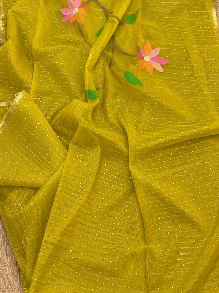 Indiehaat | Yellow Muslin Silk Jamdani Saree