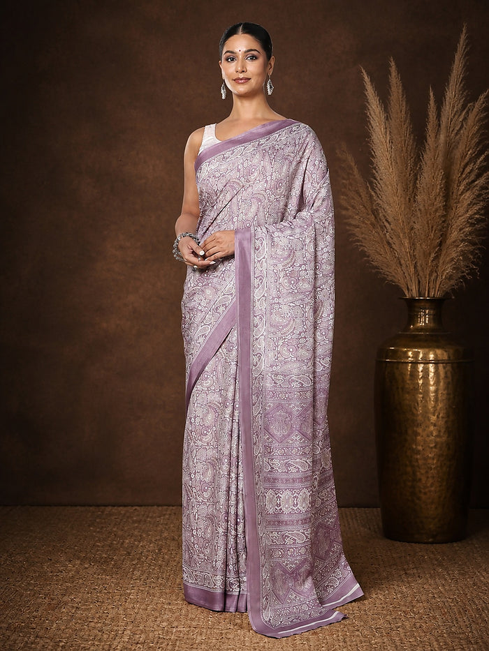 Indiehaat | Kashmiri Silk Printed Saree Lavender & White