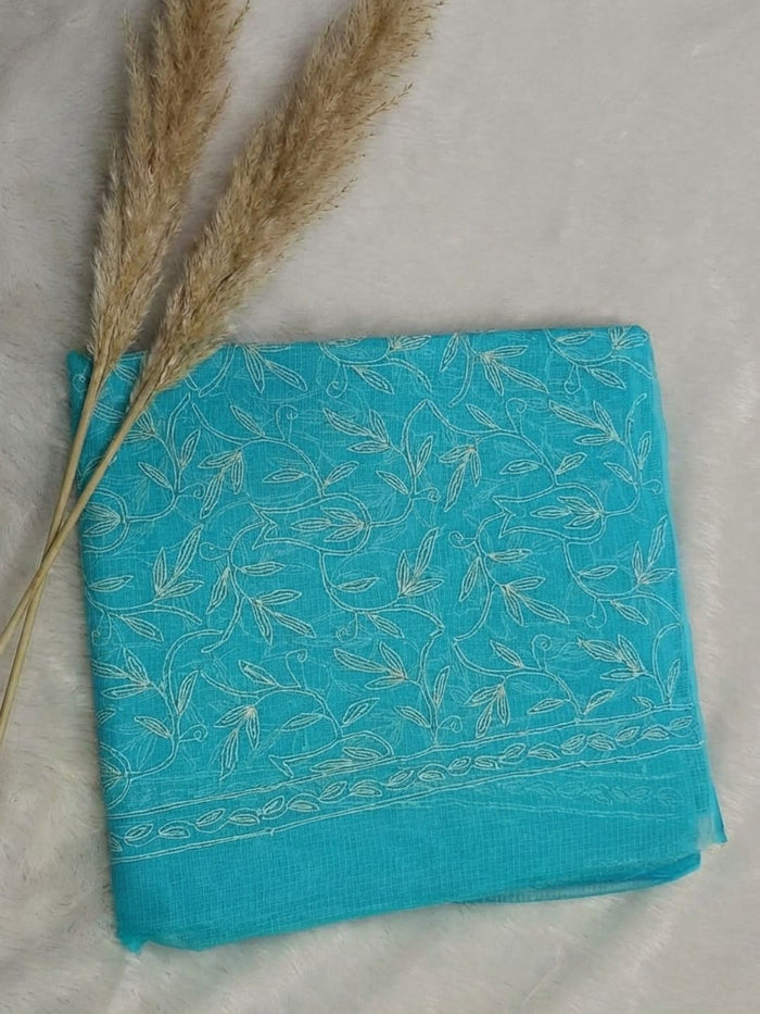 Indiehaat | Tepchi Handwork Kota Doria Saree Blue