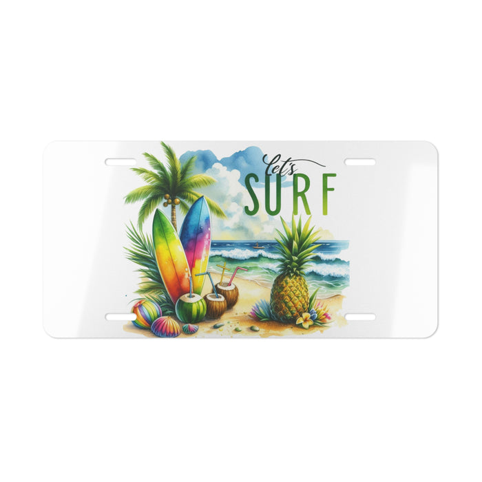 Let’s Surf Tropical Beach Surfboard Decorative License Plate