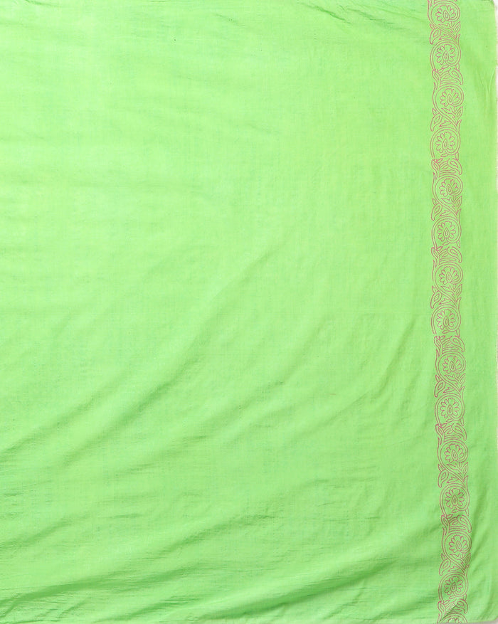 Lime green katan silk unstitched suit set hand block printed with terracotta botanical motifs, shown with a bordered dupatta finished in a short fringe.
