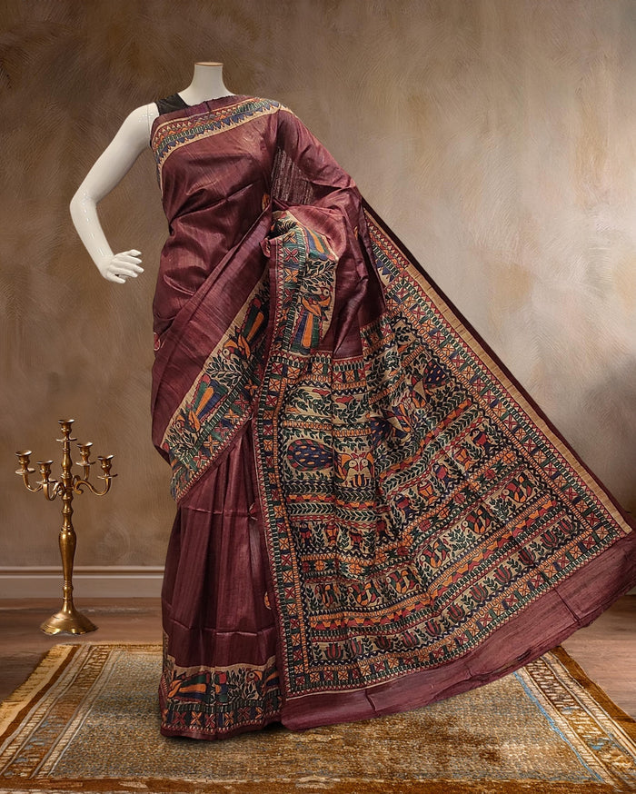 Indiehaat | Madhubani Handpainted Tussar Silk Brown Saree