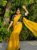 Handwoven Pure Linen Yellow Saree with Blouse-Indiehaat