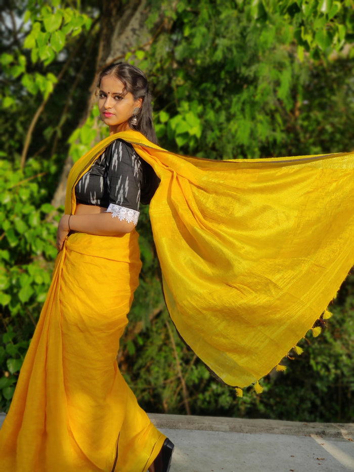 Handwoven Pure Linen Yellow Saree with Blouse-Indiehaat