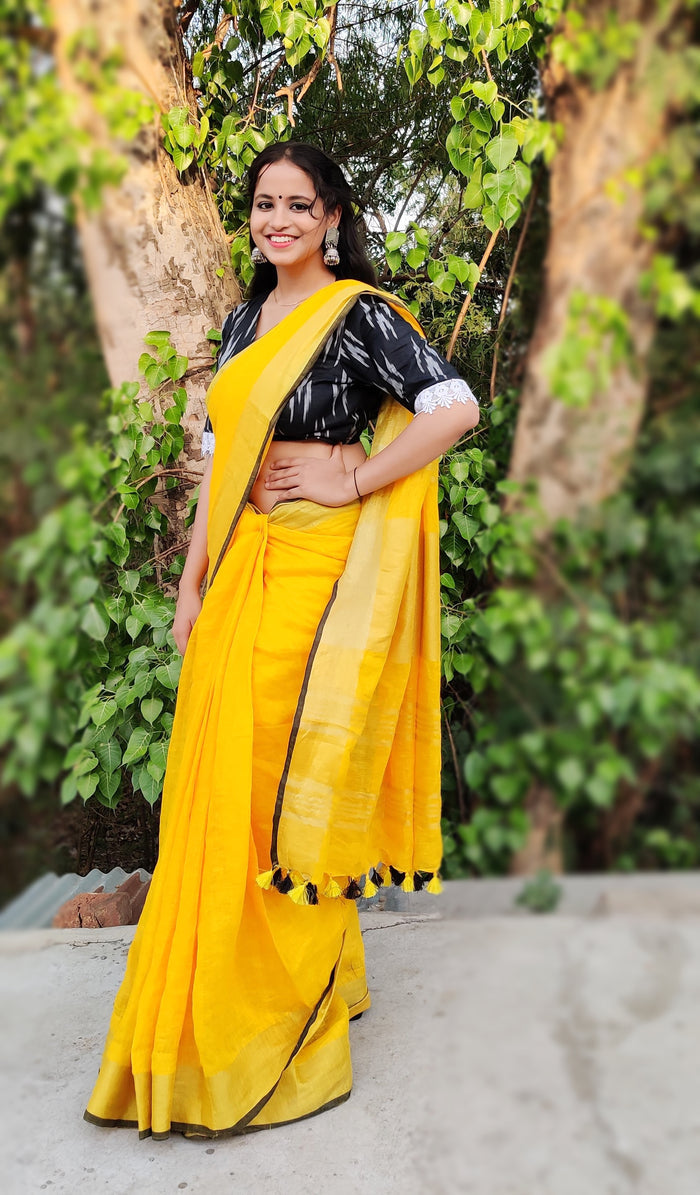 Handwoven Pure Linen Yellow Saree with Blouse-Indiehaat