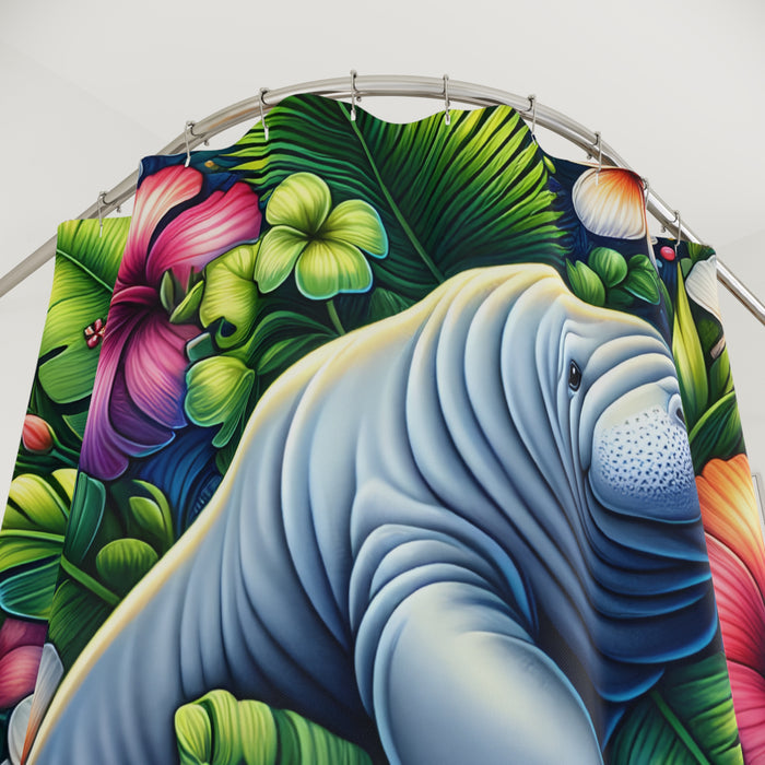 Manatee Tropical Floral Shower Curtain | Coastal Beach Bathroom Decor Polyester