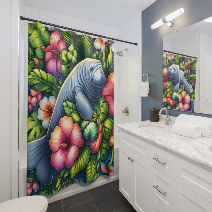 Manatee Tropical Floral Shower Curtain | Coastal Beach Bathroom Decor Polyester